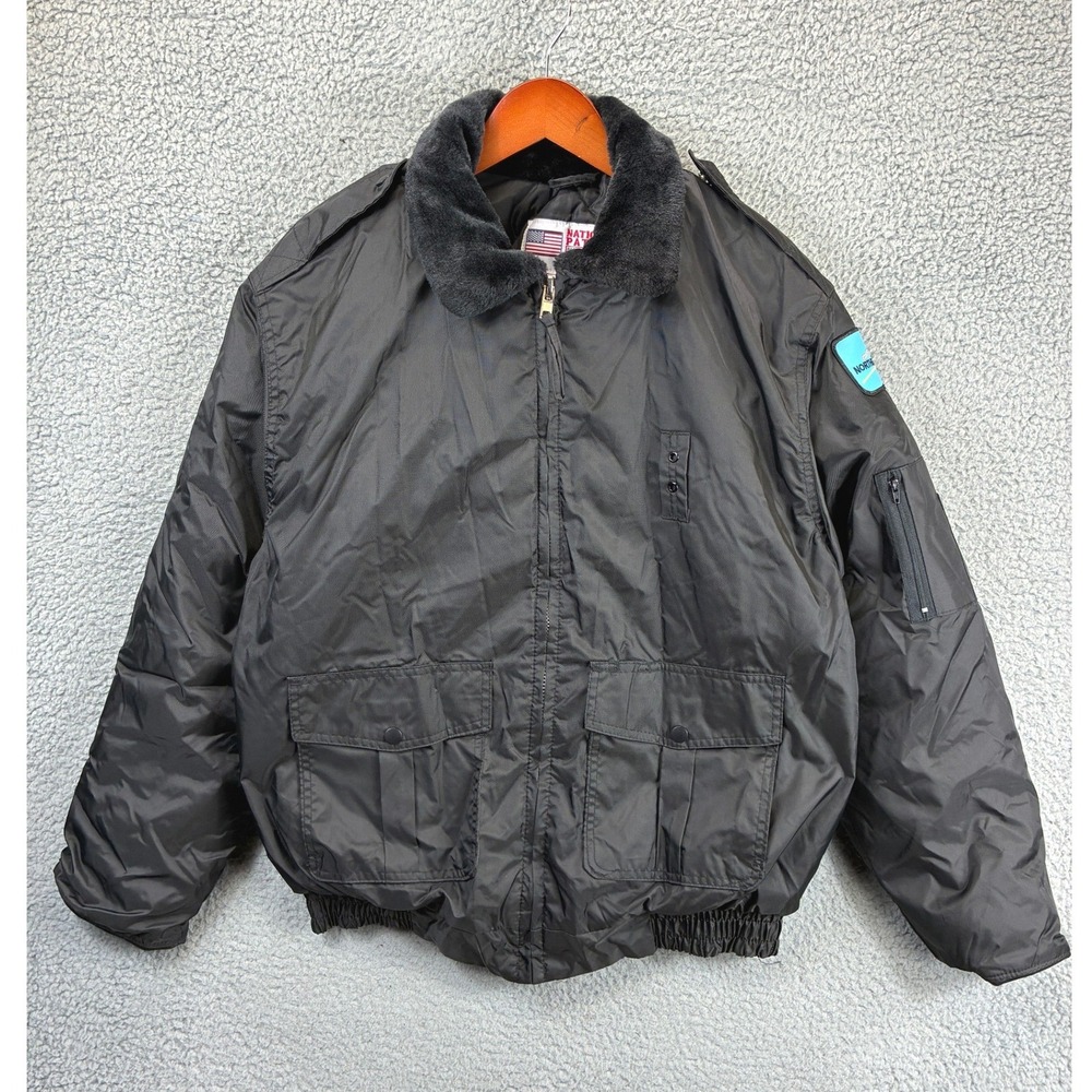 National Patrol Bomber Jacket Mens M Black Faux Fur Collar Tactical Insulated